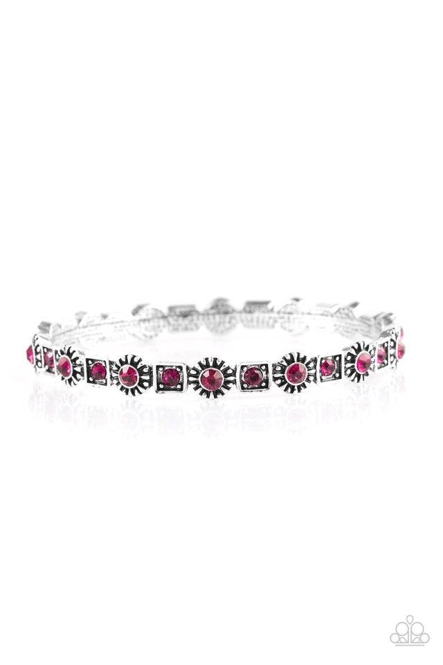 Paparazzi Accessories Spring Inspiration - Pink Sparkling pink rhinestones are pressed into the centers of silver floral and square frames. The glittery frames connect around the wrist, coalescing into a whimsical bangle. Sold as one individual bracelet.