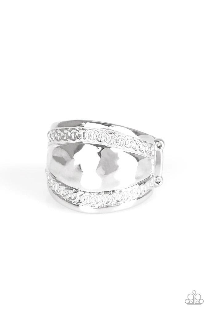 Paparazzi Accessories Sunset Groove - Silver Ribbons of circular texture are embossed along the borders of a hammered silver band for an edgy look. Features a stretchy band for a flexible fit. Sold as one individual ring. Jewelry