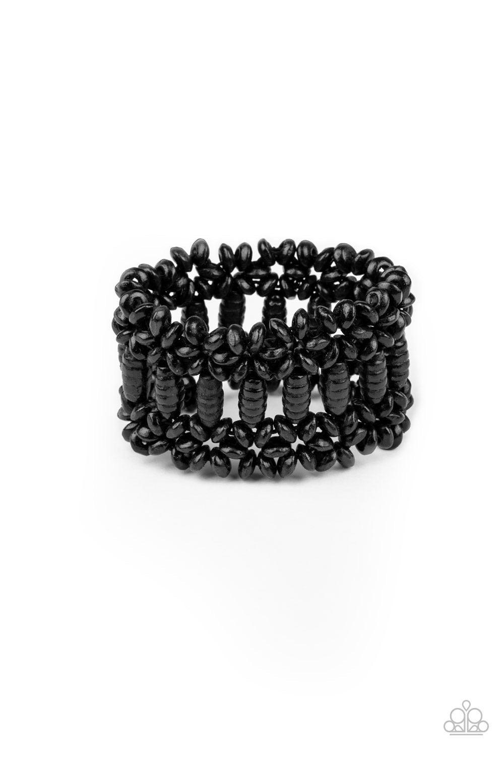 Paparazzi Accessories Fiji Flavor - Black Painted in a shiny black finish, round and oval wooden beads are threaded along stretchy bands that weave into a colorful floral patterned stretch bracelet around the wrist. Sold as one individual bracelet. Jewelr