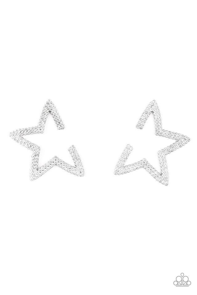 Paparazzi Accessories Star Player - White Encrusted in two rows of glittery white rhinestones, a silver star frame dots the ear for a stellar shimmer. To flatter the natural contour of the face, one side angle of the star frame is intentionally left open.