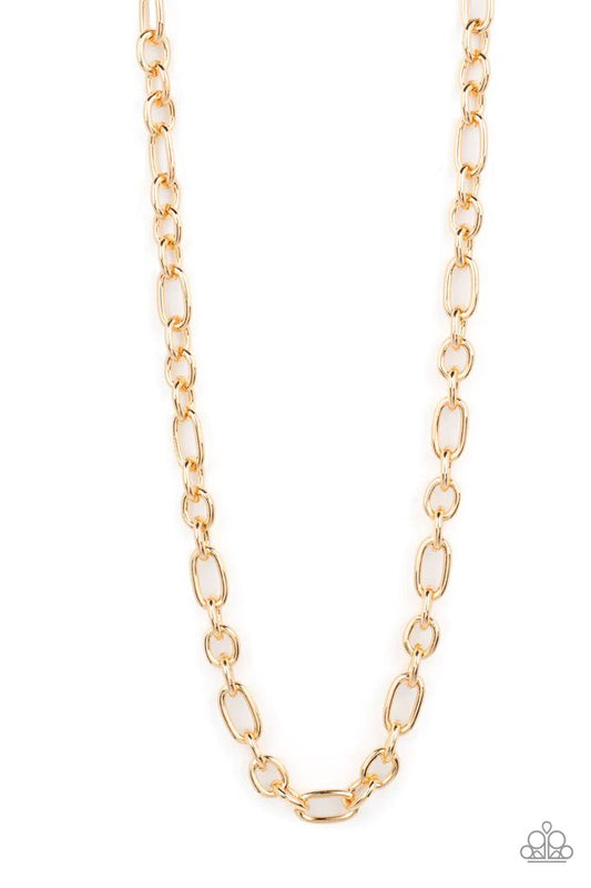 Paparazzi Accessories Ringside Throne - Gold A hefty assortment of oversized gold links boldly interlock across the chest, creating an intense urban look. Features an adjustable clasp closure. Sold as one individual necklace. Jewelry