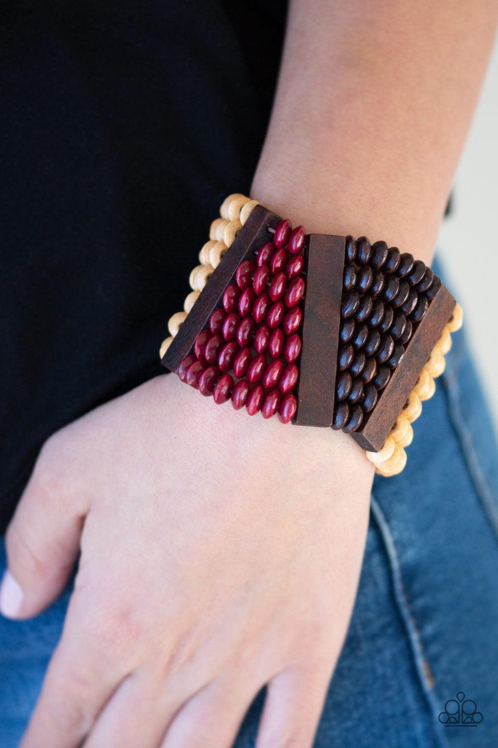 Paparazzi Accessories HAUTE In Hispaniola - Multi A collection of round and rectangular wooden beads are threaded along stretchy bands, coalescing into an earthy beaded palette for a summery look. Jewelry