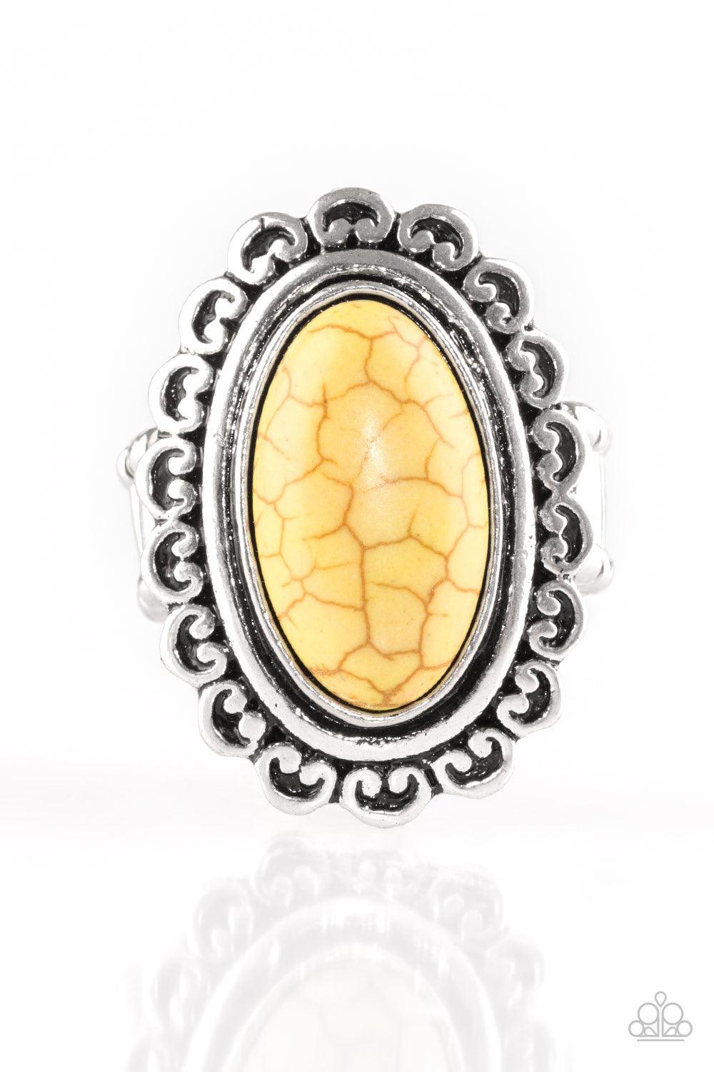 Paparazzi Accessories Madly Namad - Yellow A sunny yellow stone is pressed into the center of a glistening silver frame swirling with floral detail for a seasonal look. Features a dainty stretchy band for a flexible fit. Jewelry