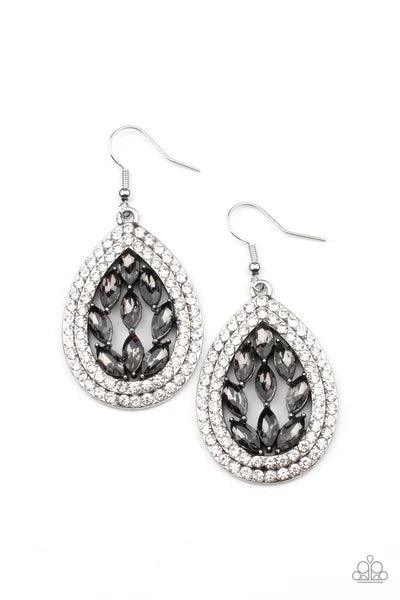 Paparazzi Accessories Encased Elegance - Silver Smoky marquise cut rhinestones collect inside two borders of glassy white rhinestones, coalescing into a sparkly teardrop. Earring attaches to a standard fishhook fitting. Sold as one pair of earrings. Jewel