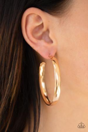 Paparazzi Accessories A Double Feature - Gold Brushed in a high sheen finish, a thick gold hoop curls around the ear for a classic look. Earring attaches to a standard post fitting. Hoop measures 2 1/4" in diameter. Jewelry