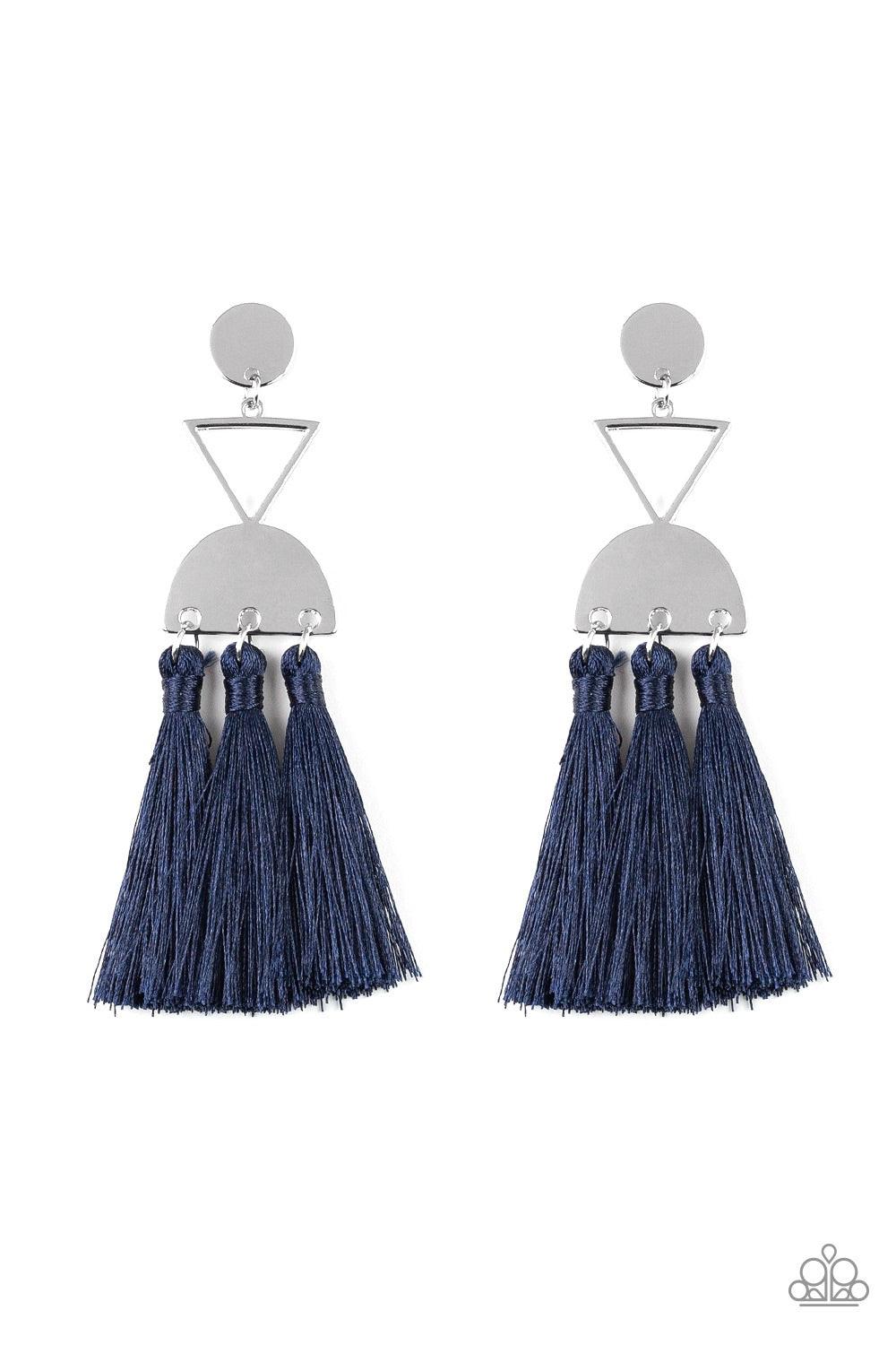 Paparazzi Accessories Tassel Trippin - Blue A shimmery silver disc, airy silver triangle, and shimmery half moon frame link into a geometric lure. Three blue threaded tassels swing from the bottom of the stacked frame for a trendy finish. Earring attaches