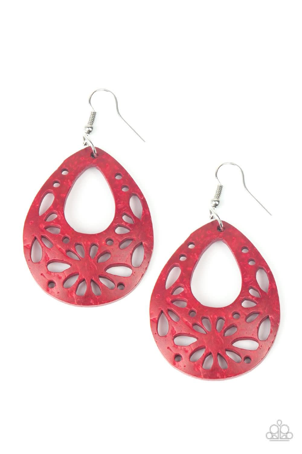 Paparazzi Accessories Merrily Marooned - Red Brushed in a colorful red finish, a wooden frame featuring airy stenciled patterns swings from the ear for a summery look. Earring attaches to a standard fishhook fitting. Jewelry