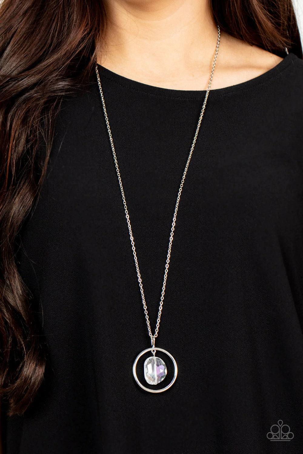 Paparazzi Accessories Hands-Down Dazzling - White Featuring an imperfect finish, a glittery iridescent crystal-like gem swings from the top of a classic silver hoop at the bottom of an extended silver chain for a glassy-glamorous fashion. Features an adju
