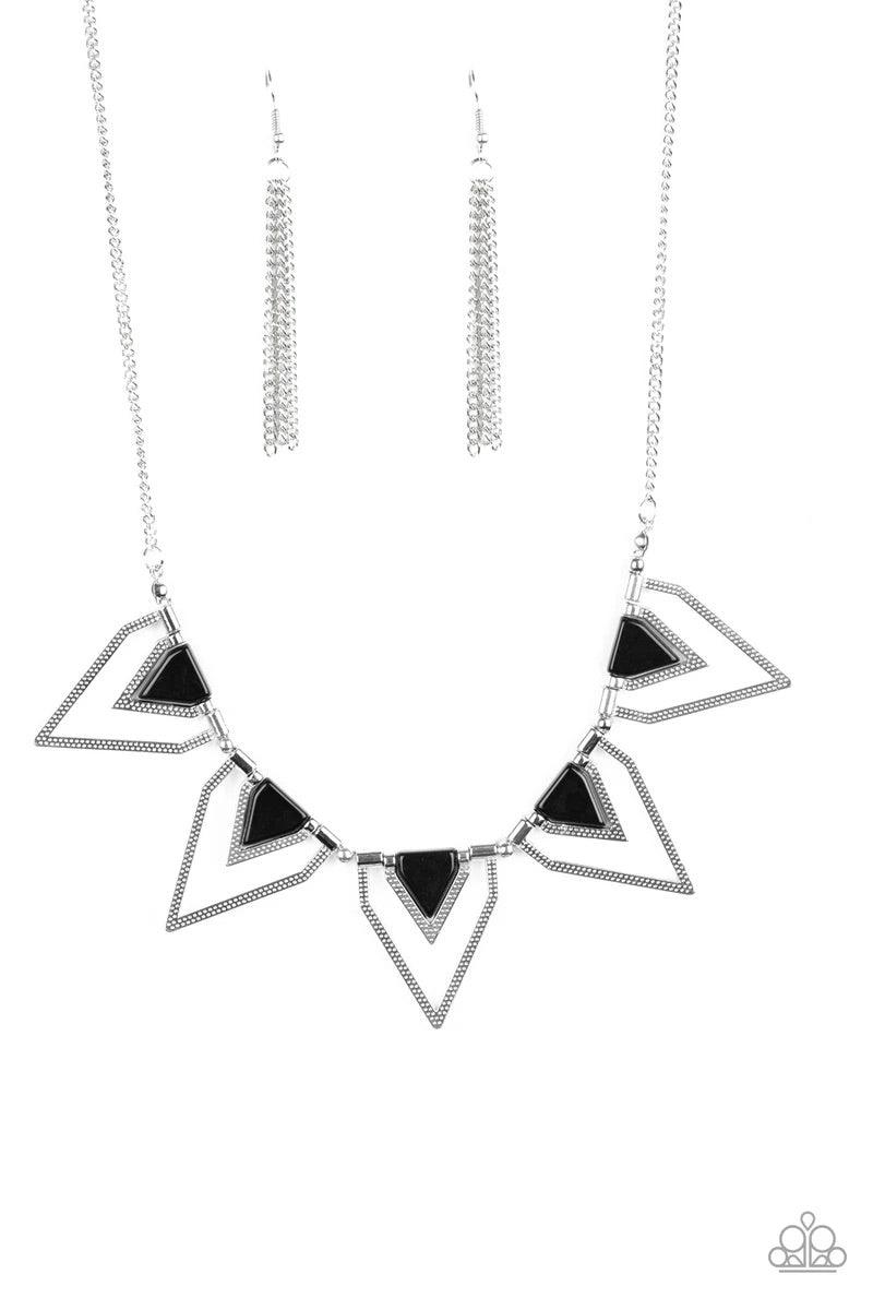 Paparazzi Accessories The Pack Leader - Black Infused with shiny black beading, glistening silver triangular frames join below the collar, creating a fierce geometric fringe. Features an adjustable clasp closure. Sold as one individual necklace. Includes