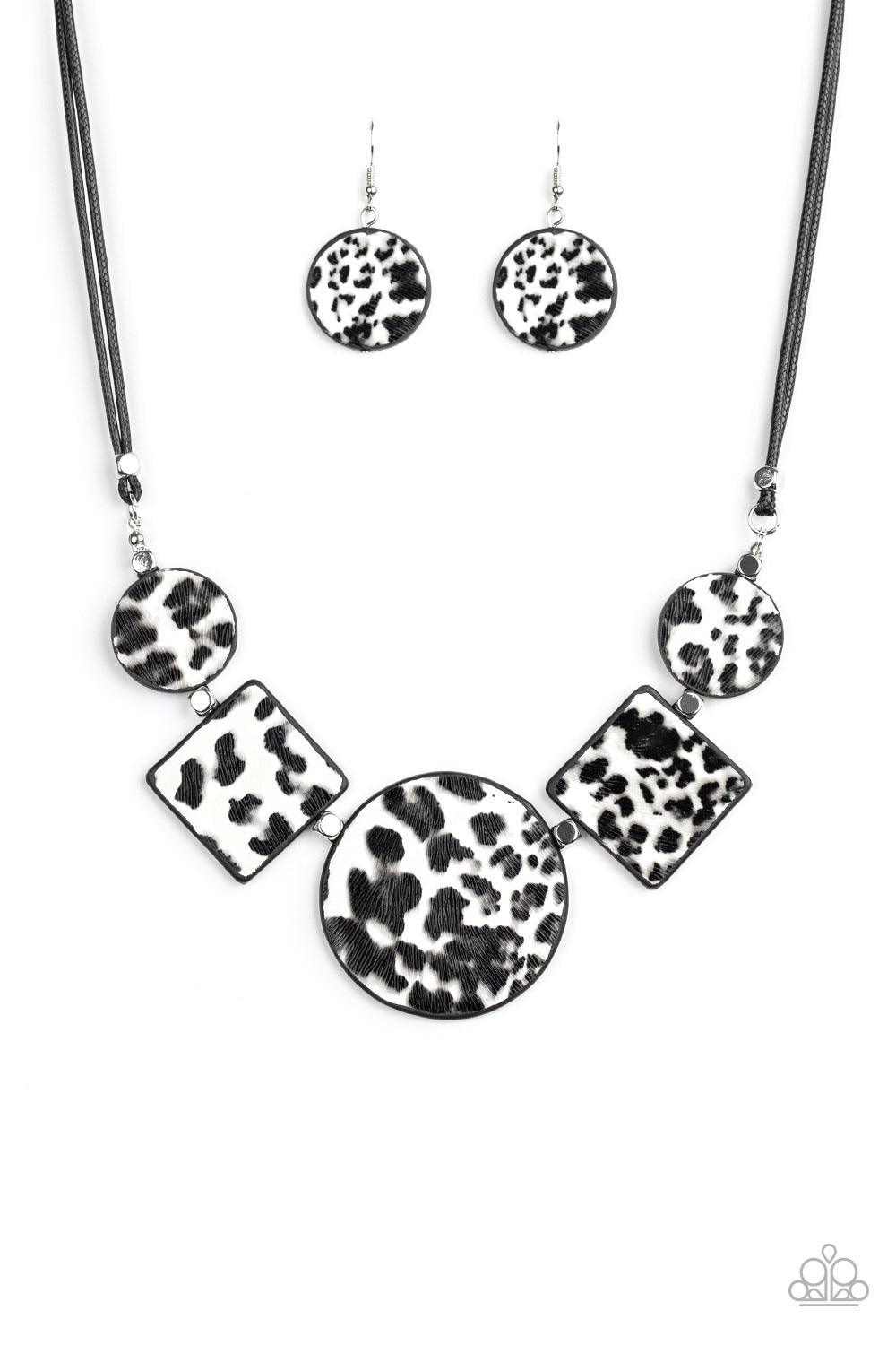 Paparazzi Accessories Here Kitty Kitty - White Featuring textured white and gray cheetah print, a wild collection of circle and square leather pieces are threaded along an invisible wire below the collar for a fierce look. Features an adjustable clasp clo