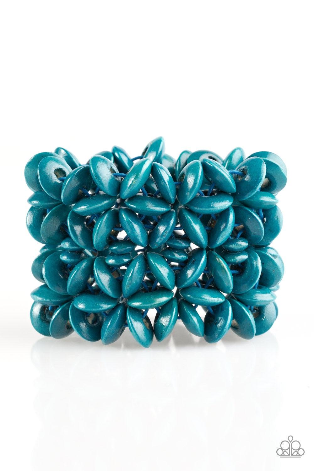 Paparazzi Accessories Hawaii Haven - Blue Refreshing blue wooden accents are threaded along elastic stretchy bands, creating summery floral patterns across the wrist for a seasonal look. Jewelry