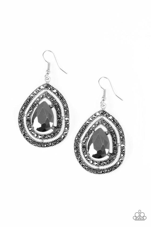 Paparazzi Accessories Royal Squad - Silver A dramatic hematite teardrop gem is pressed into the center of a rippling silver frame radiating with glittery hematite rhinestones for a regal look. Earring attaches to a standard fishhook fitting. Sold as one p
