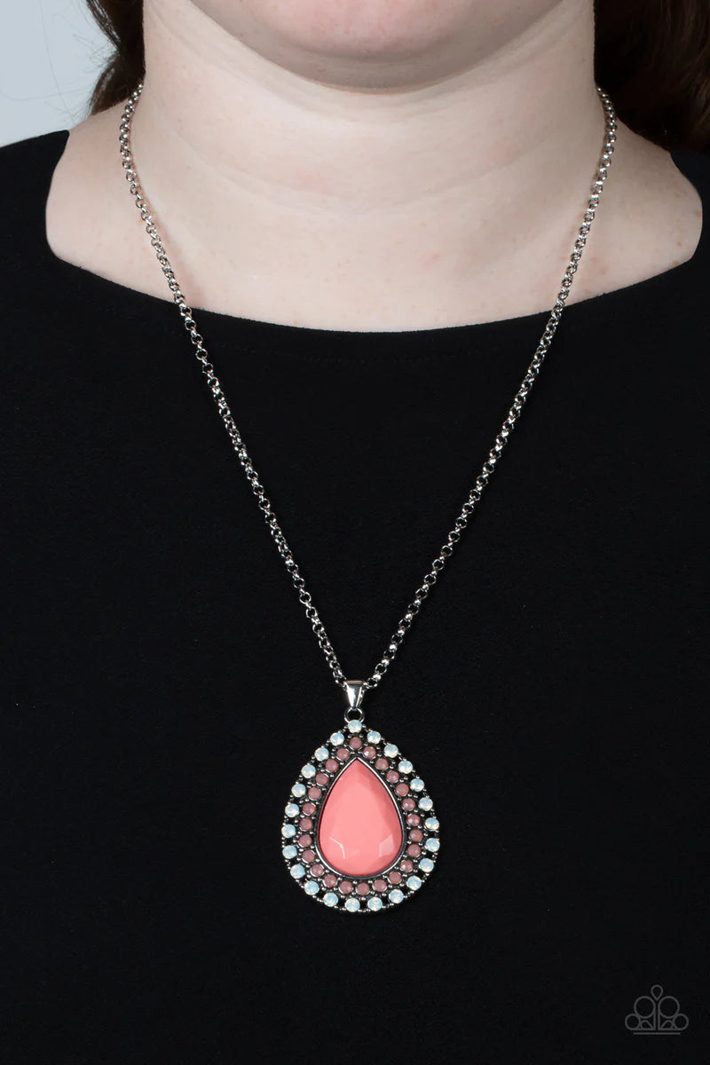 Paparazzi Accessories DROPLET Like It’s Hot - Multi A faceted pink teardrop is pressed into the center of a silver frame bordered in rows of opalescent white and pink beads, creating an ethereal pendant at the bottom of a classic silver chain. Features an
