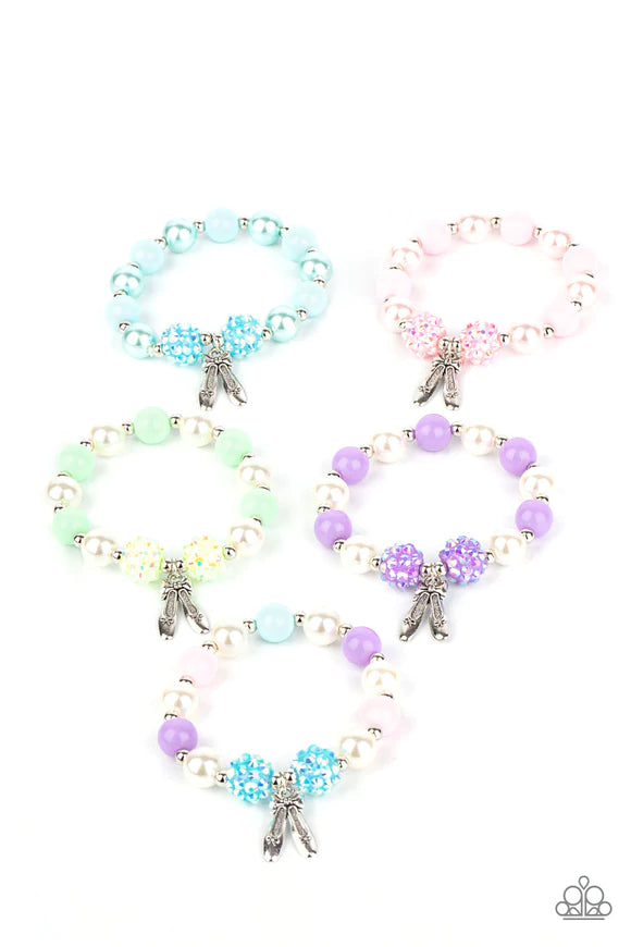 Paparazzi Accessories Starlet Shimmer Bracelets #22 Infused with dainty silver ballet slipper charms, the stretchy bracelets feature pearly, polished, and iridescent rhinestone studded beads that vary in shades of pink, purple, blue, green, and white. Jew