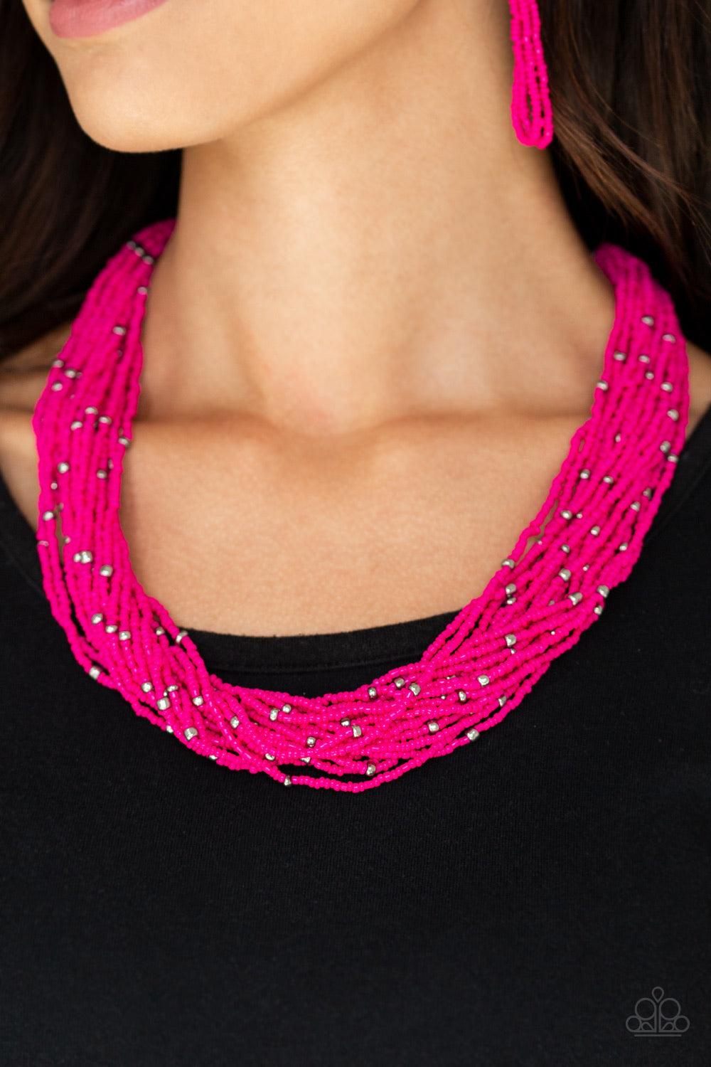 Paparazzi Accessories Summer Samba - Pink Countless Pink Peacock seed beads drape into a gorgeous layered cascade below the collar. Dainty metallic accents are sprinkled between the colorful beads, adding irresistible hints of shimmer to the seasonal pale