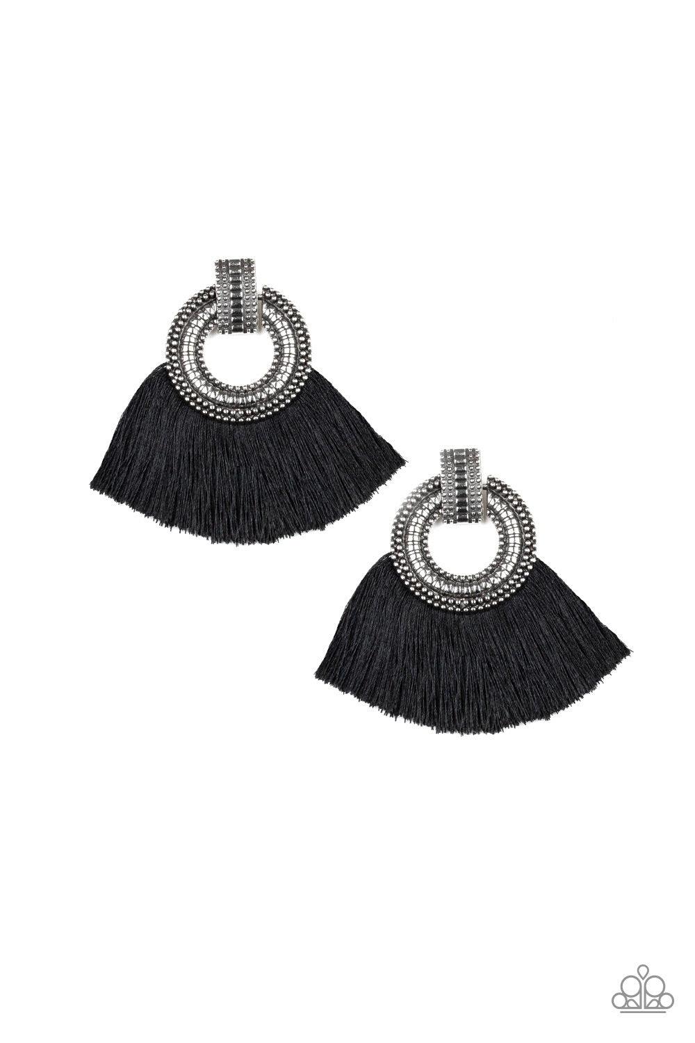 Paparazzi Accessories I Am Spartacus - Black A plume of shiny black thread flares out from the bottom of an ornate silver fitting, creating a fierce fringe. Earring attaches to a standard post fitting. Jewelry