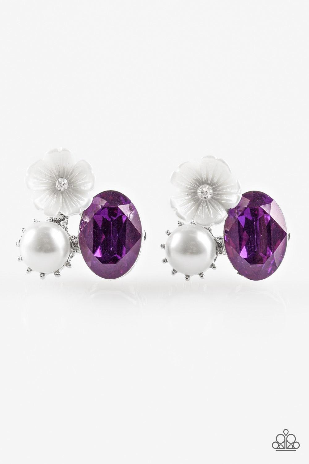 Paparazzi Accessories Lily Lagoon - Purple A glittery purple rhinestone, a pearly white bead, and shimmery white flower coalesce into a whimsical frame. Earring attaches to a standard post fitting. Jewelry
