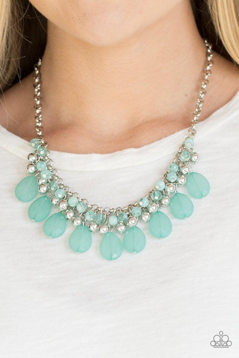 Paparazzi Accessories Trending Tropicana ~Green A row of cloudy green beads gives way to a row of shiny silver beads. Brushed in an opalescent finish, green teardrops cascade from the bottom of bold interlocking silver chains, creating a dramatically colo