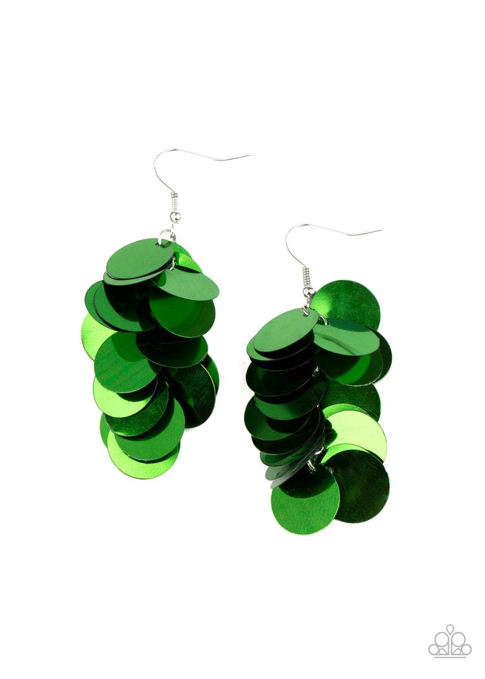Paparazzi Accessories Now You SEQUIN It - Green A cluster of bubbly metallic green sequins dangle from the ear, creating effortless effervescence. Earring attaches to a standard fishhook fitting. Sold as one pair of earrings. Jewelry