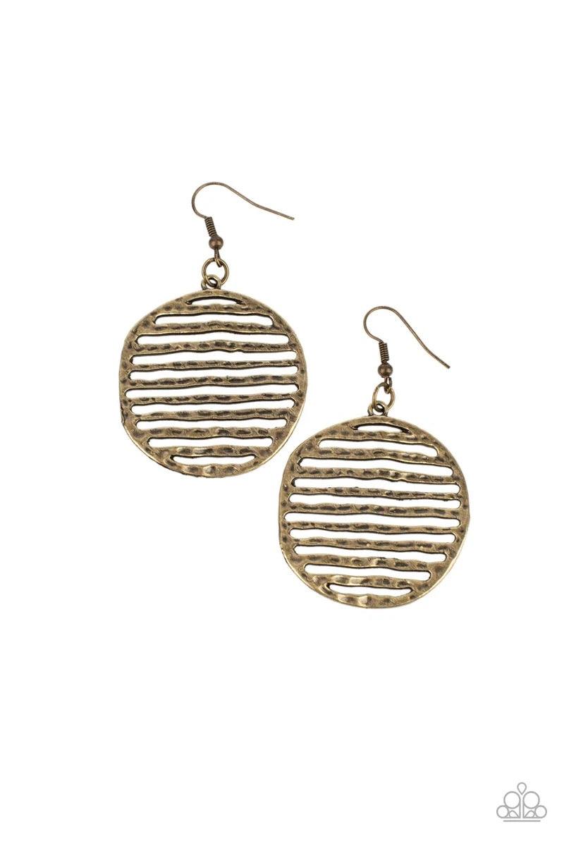 Paparazzi Accessories Sunrise Stunner - Brass Brushed in an antiqued brass finish, lightly hammered bars stack inside an airy circular frame, creating a wavy rustic lure. Earring attaches to a standard fishhook fitting. Sold as one pair of earrings. Jewel