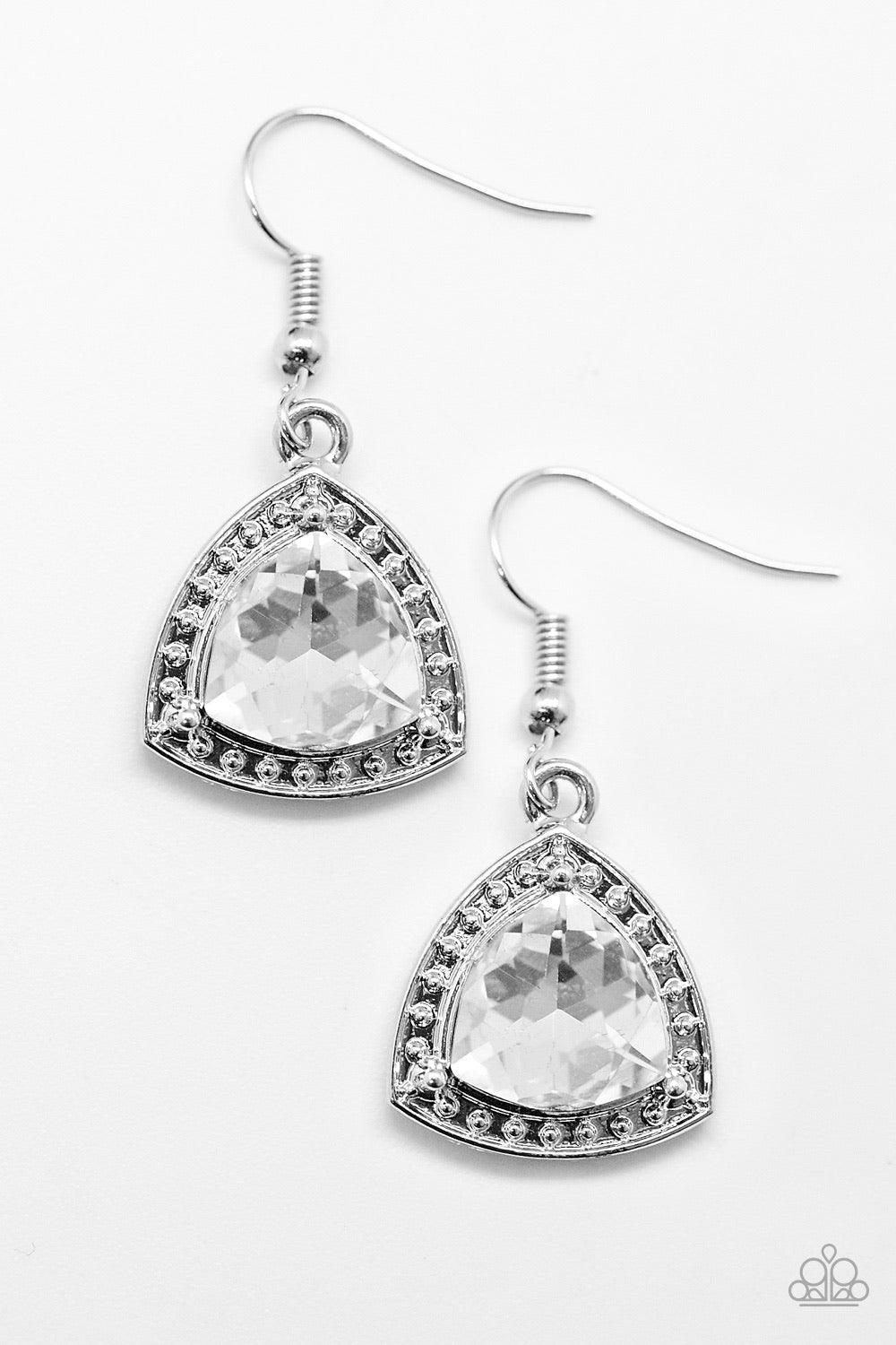 Paparazzi Accessories Midnight Social - Silver A glittery white gem dots a silver studded frame for a regal display. Earring attaches to a standard fishhook fitting Jewelry