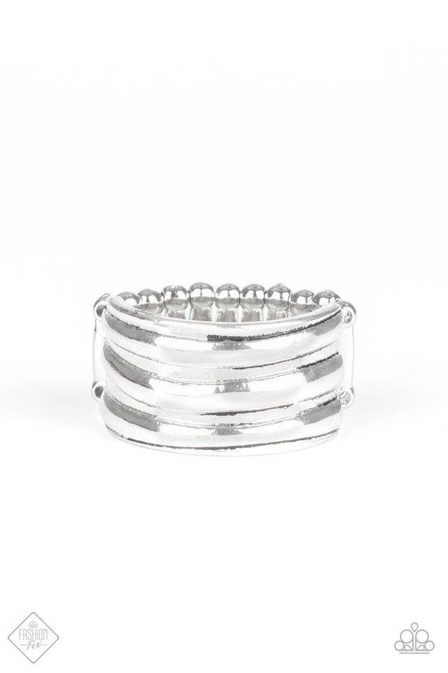 Paparazzi Accessories Rough Around The Edges - Silver Brushed in a high-sheen finish, ribbed silver bands stack across the finger for an edgy industrial look. Features a stretchy band for a flexible fit. Jewelry