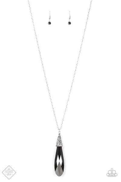 Paparazzi Accessories Jaw-Droppingly Jealous - Black Capped in a silver frame radiating with glittery hematite rhinestones, a smoky metallic teardrop pendant swings from the bottom of a dramatically elongated silver chain, creating a jaw-dropping display.