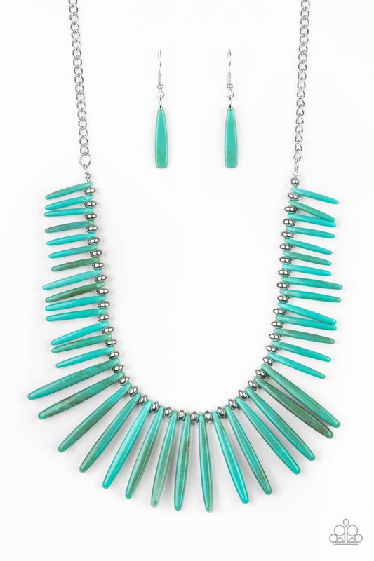 Paparazzi Accessories Out of My Element - Blue Flanked by dainty silver beads, shiny turquoise rod-like acrylic frames are threaded along an invisible wire, creating a colorful fringe below the collar. Features an adjustable clasp closure. Jewelry