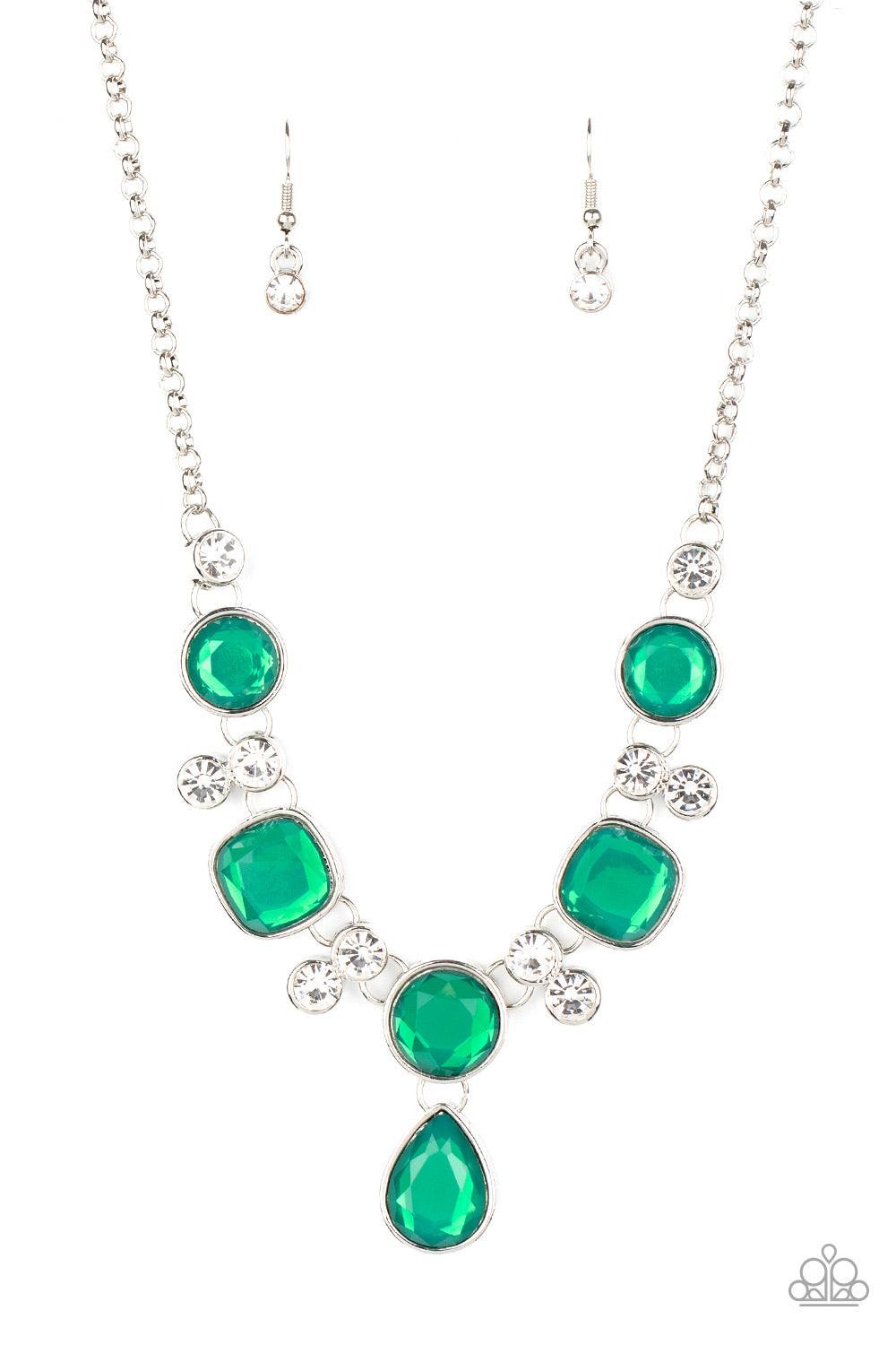 Paparazzi Accessories Crystal Cosmos - Green Pairs of glittery white rhinestones, join a sparkly collection of round, square, and dewy teardrop green rhinestones below the collar for a timeless look. Features an adjustable clasp closure. Sold as one indiv