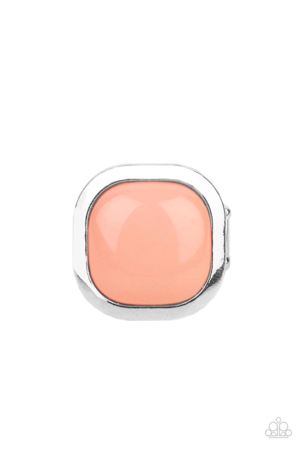Paparazzi Accessories POP-ularity Contest - Orange An oversized Burnt Coral bead is pressed into the center of a square silver frame, creating a powerful pop of color atop the finger. Features a stretchy band for a flexible fit. Sold as one individual rin