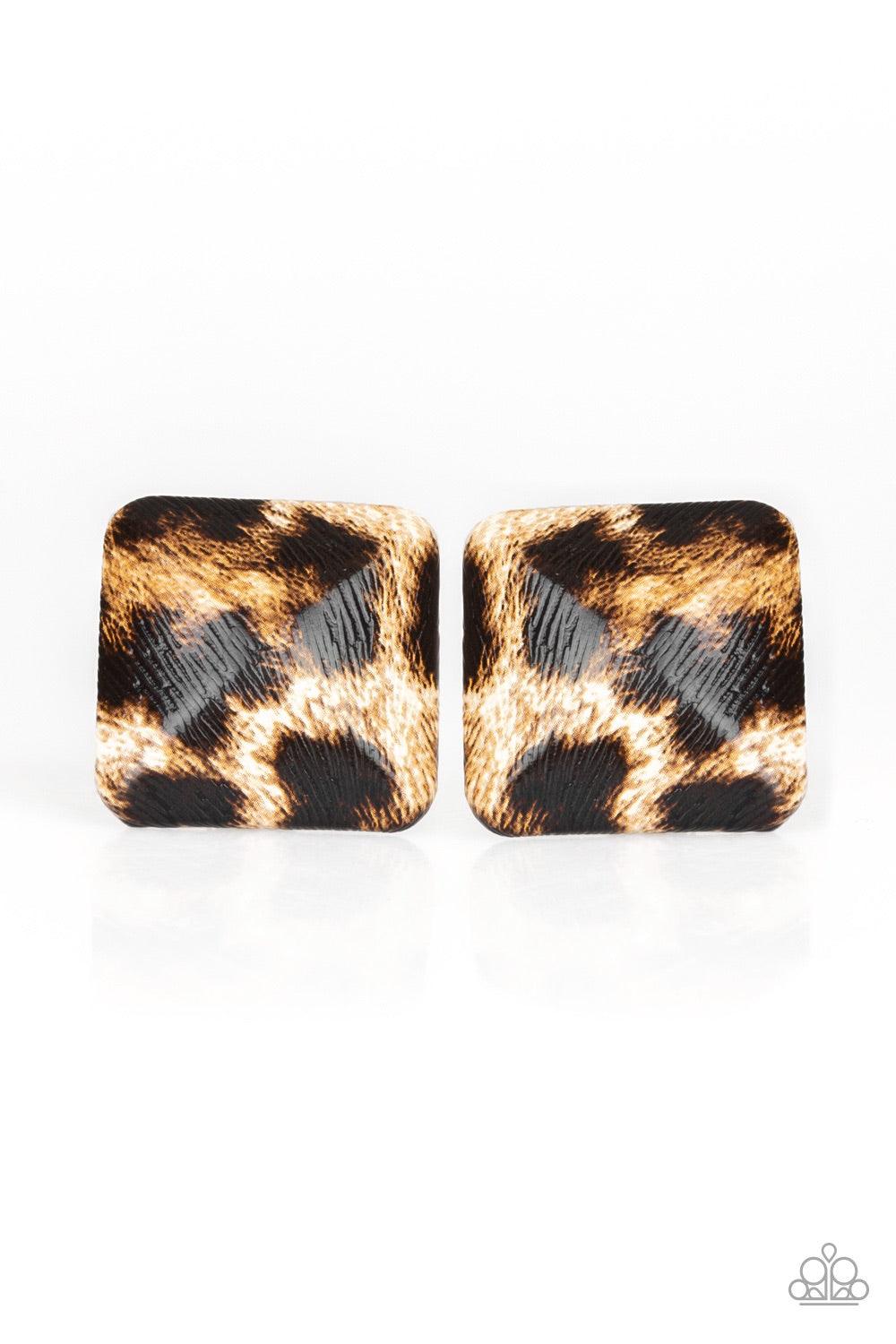 Paparazzi Accessories Making HISS-Tory - Brown Featuring a cheetah-like print, an overly dramatic square frame dots the ear for a statement-making look. Earring attaches to a standard post fitting. Jewelry