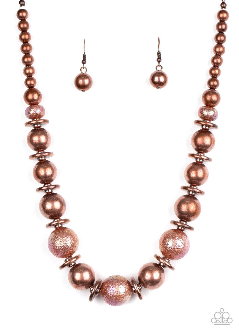 Paparazzi Accessories Twinkle Twinkle, I’m The Star ~Copper Brushed in a stellar iridescence, hammered copper beads, classic copper beads, and antiqued copper discs gradually increase in size as they join below the collar for a glamorous look. Features an