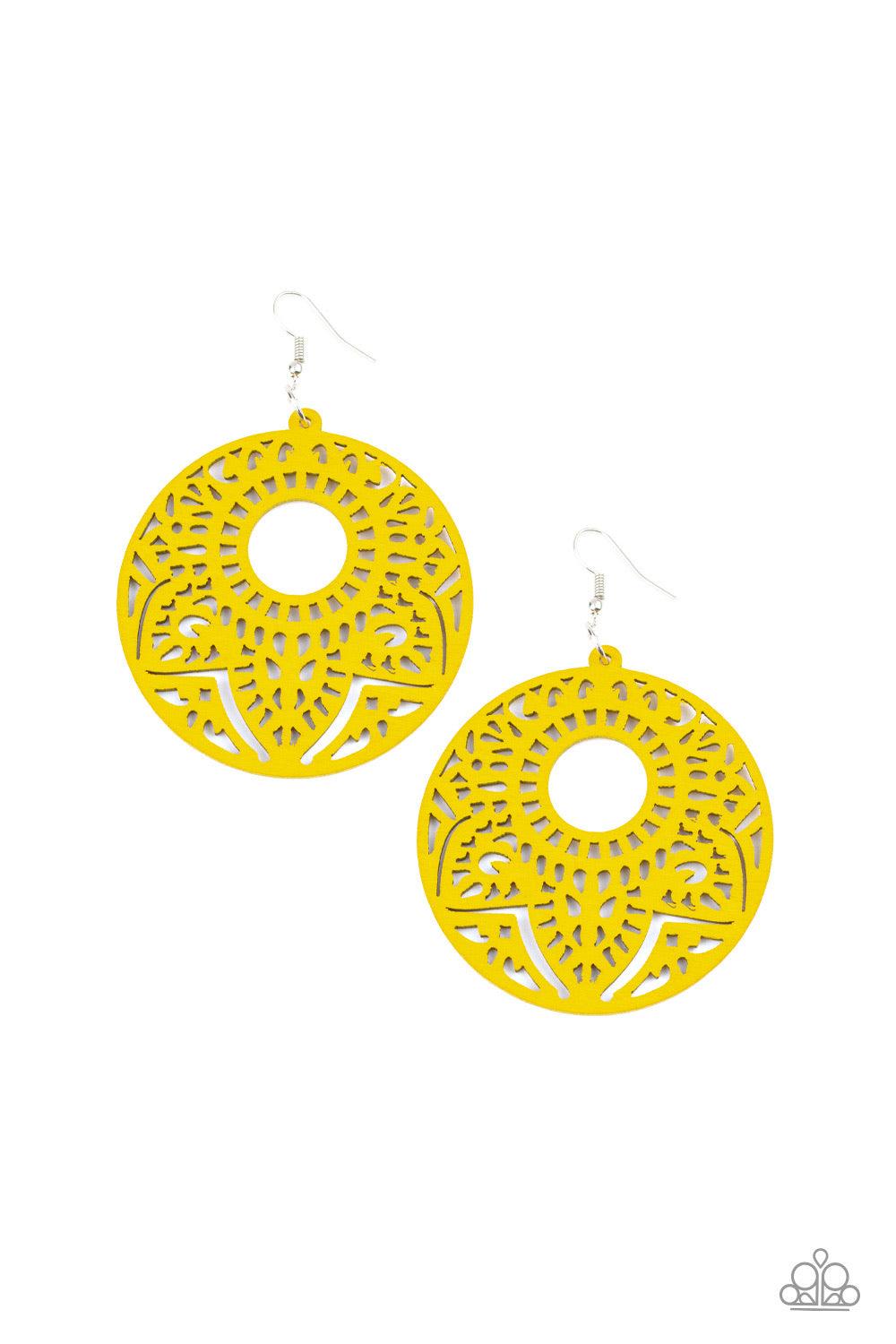 Paparazzi Accessories Mandala Mambo - Yellow Featuring a mandala-like pattern, a yellow wooden frame swings from the ear for a seasonal look. Earring attaches to a standard fishhook fitting. Jewelry