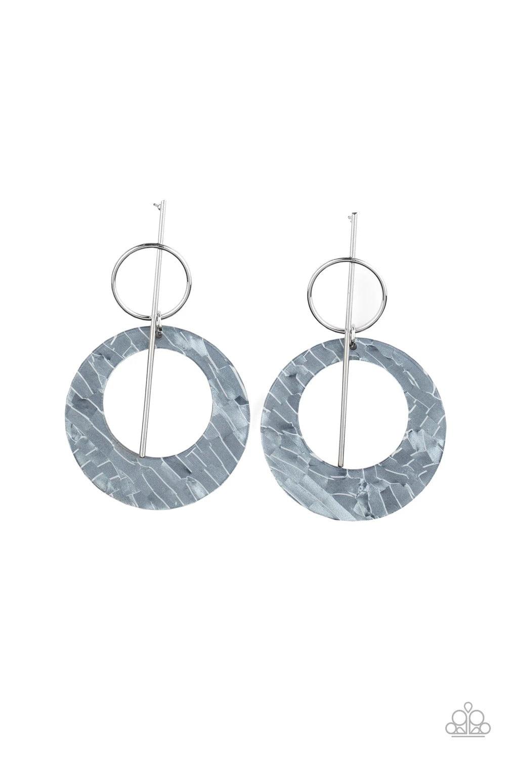 Paparazzi Accessories Stellar Stylist - Silver An iridescent silver acrylic hoop swings from the bottom of a silver ring that is threaded along a dainty silver bar for a retro look. Earring attaches to a standard post fitting. Sold as one pair of post ear