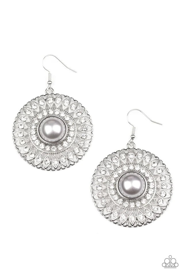 Paparazzi Accessories Glorified Glitz - Silver White rhinestone dotted silver petals fan out from a silver pearl dotted center, resulting in a radiant centerpiece. Earrings attach to a standard fishhook fitting.