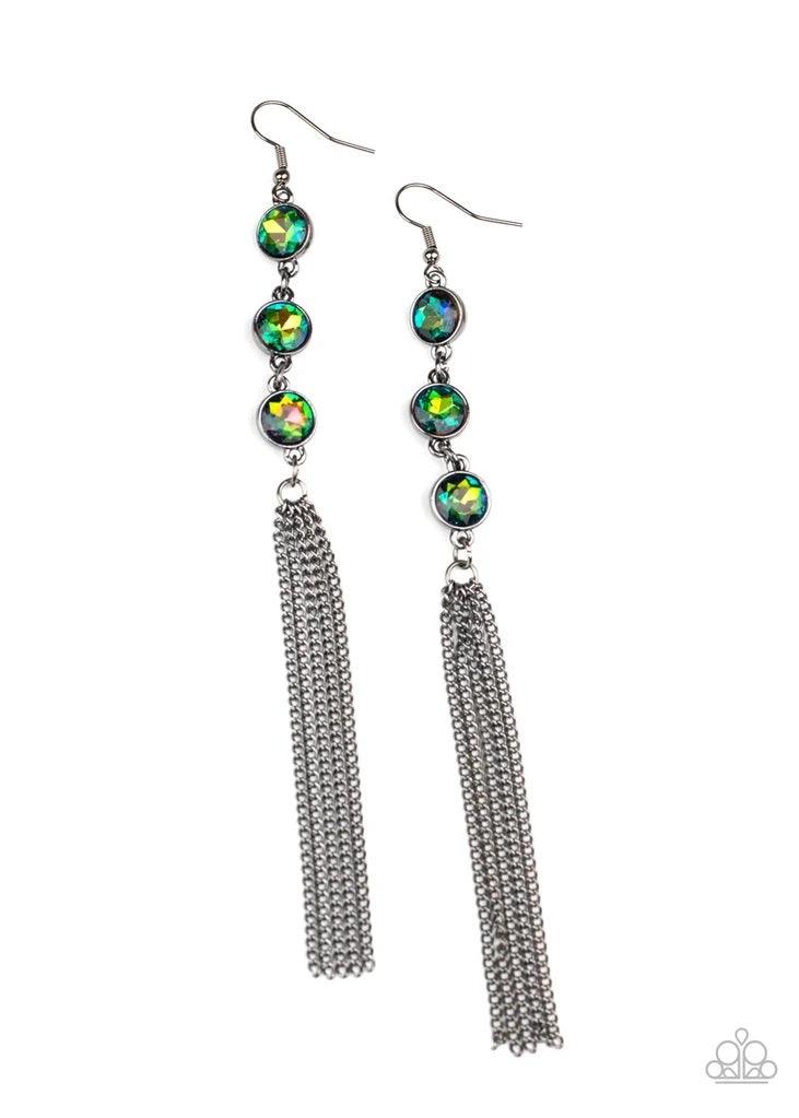Paparazzi Accessories Moved To TIERS - Multi A shimmery silver chain tassel swings from the bottom stack of three glittery multi-color "oil spill" rhinestones, creating a fabulously tiered look. Earring attaches to a standard fishhook fitting. Sold as one