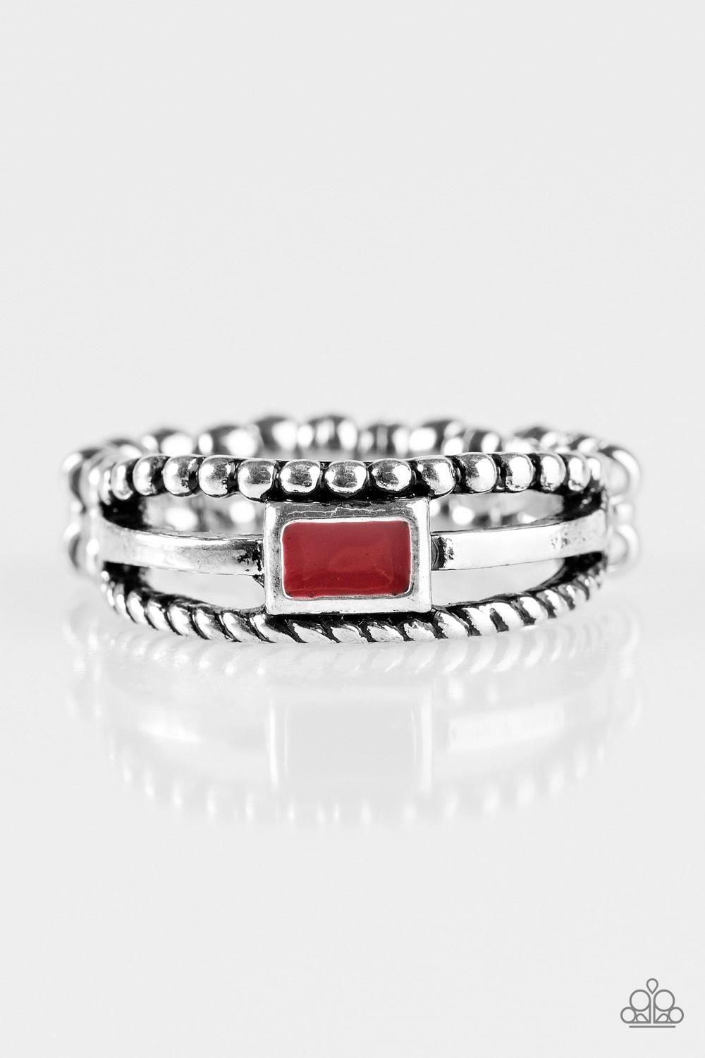 Paparazzi Accessories Street Edge - Red Featuring ropelike, smooth, and dotted textures, three glistening silver bars layer across the finger. Painted in a vivacious hue, a red frame is pressed into the centermost band for an edgy finish. Features a daint