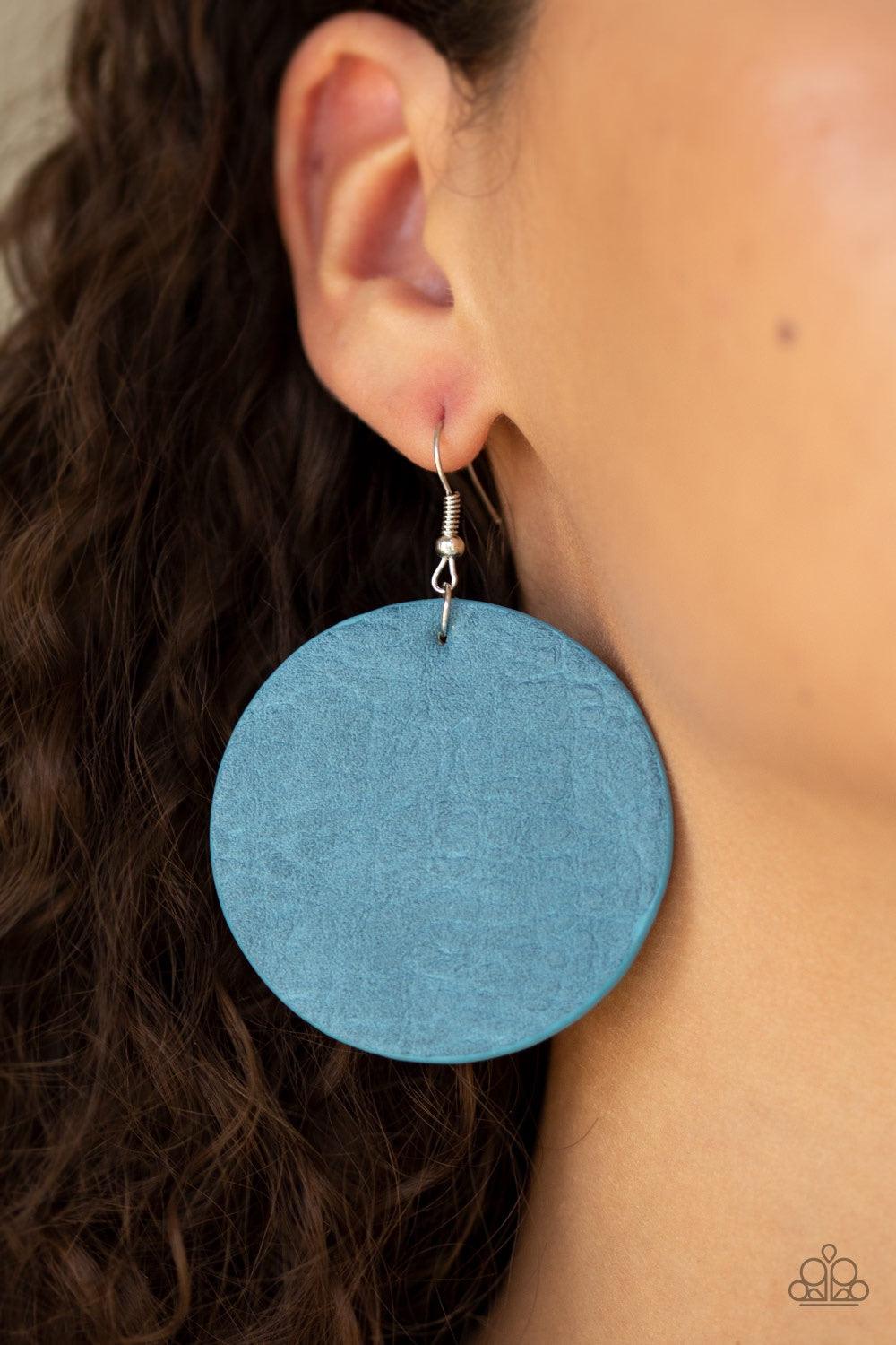 Paparazzi Accessories Trend Friends - Blue Featuring a textured finish, a refreshing Bluestone leather frame swings from the ear for a trendy look. Earring attaches to a standard fishhook fitting. Jewelry