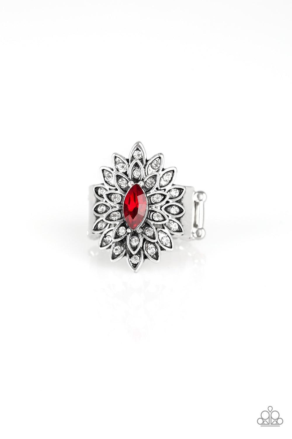 Paparazzi Accessories Blooming Fireworks - Red Dotted in dainty white rhinestones, silver petals radiate from a regal red marquise shaped rhinestone center for an edgy look. Features a stretchy band for a flexible fit. Sold as one individual ring. Jewelry