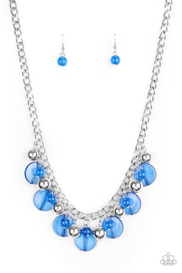 Paparazzi Accessories Gossip Glam - Blue Varying in shape and shimmer, a flirtatious collection of shiny silver and glassy blue beads dance below the collar, creating a bubbly fringe. Features an adjustable clasp closure. Sold as one individual necklace.