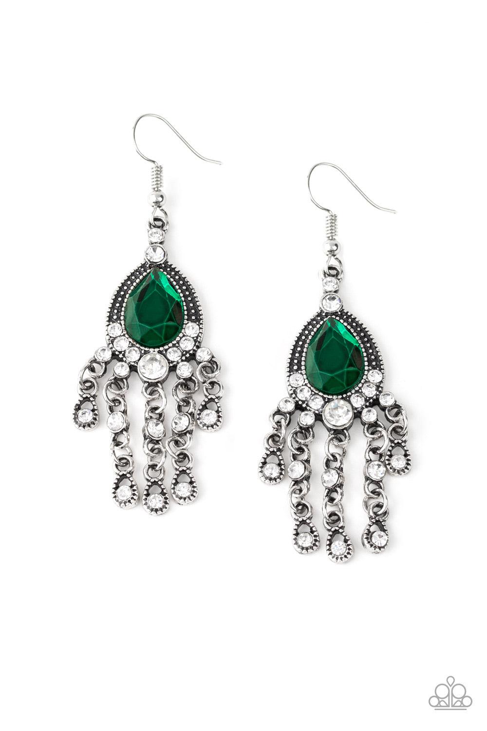 Paparazzi Accessories Bling Bliss - Green Dotted with dainty white rhinestones, silver teardrop frames cascade from the bottom of an oversized green teardrop gem encrusted frame, creating a timeless chandelier. Earring attaches to a standard fishhook fitt
