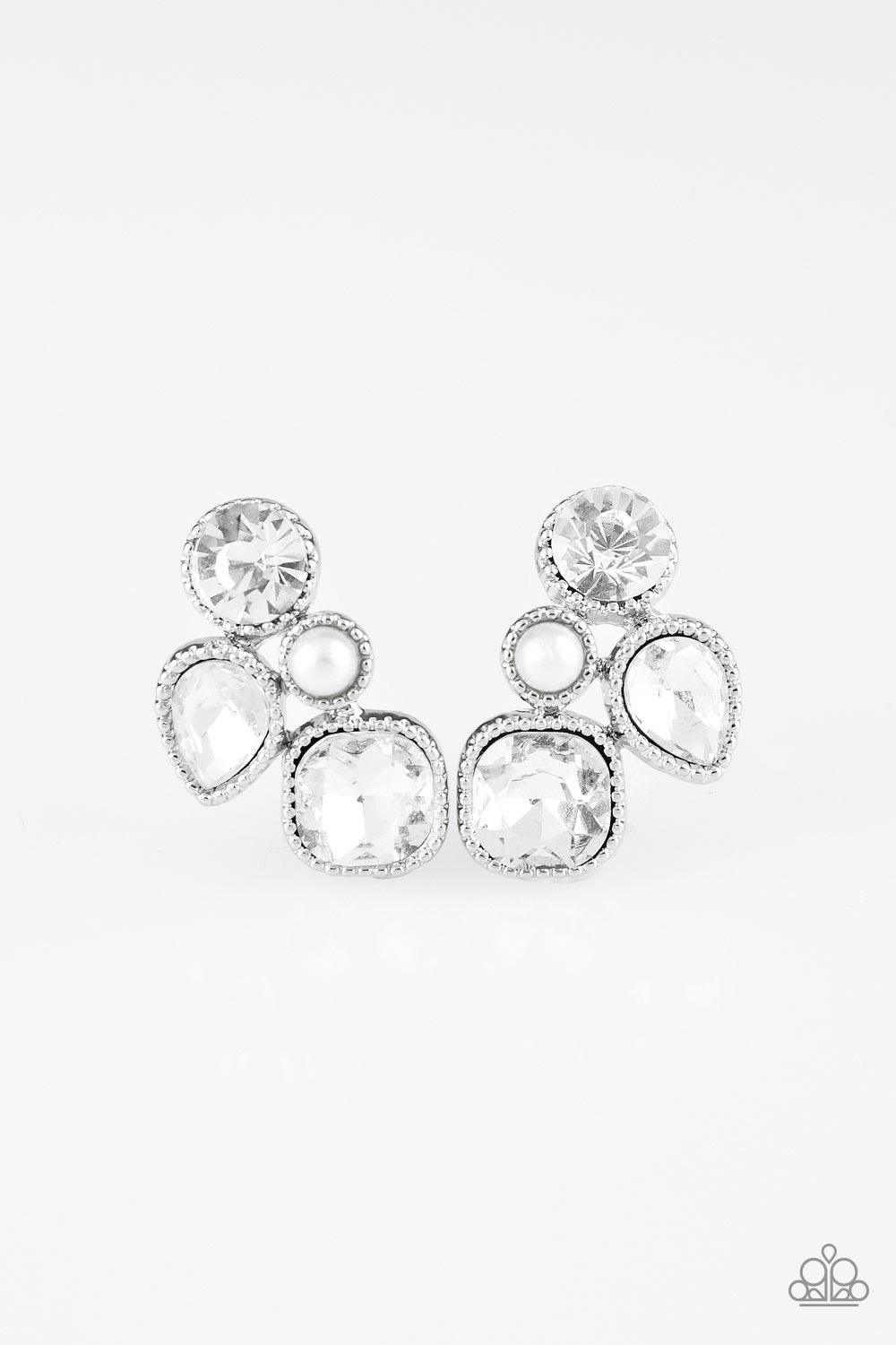 Paparazzi Accessories Super Superstar - White Infused with a dainty white pearl, mismatched white rhinestones coalesce into a glittery frame. Earring attaches to a standard post fitting. Jewelry
