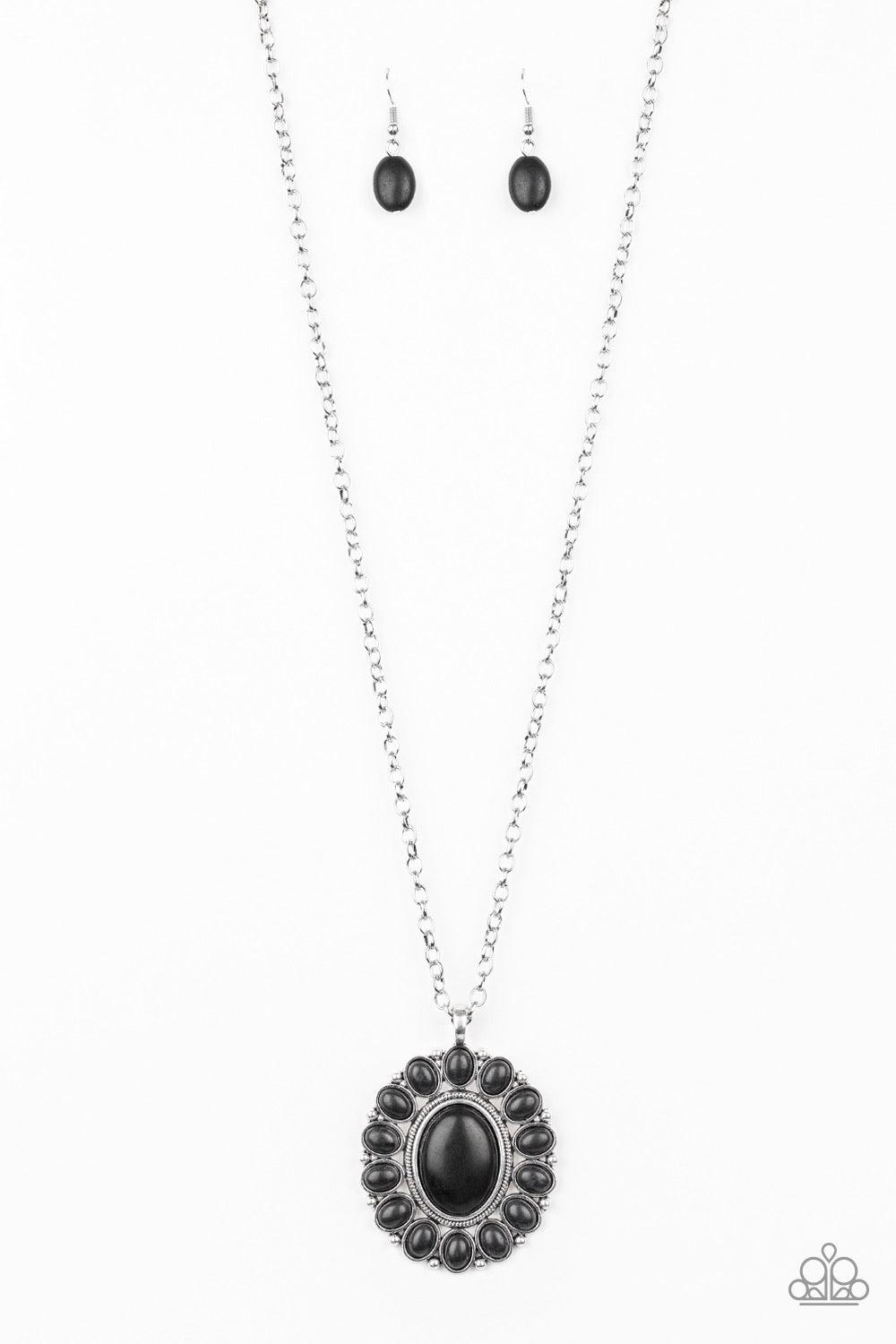 Paparazzi Accessories Rancho Roamer - Black Radiating with black stone accents, a dramatic floral pendant swings from the bottom of a lengthened silver chain for a seasonal look. Features an adjustable clasp closure. Jewelry