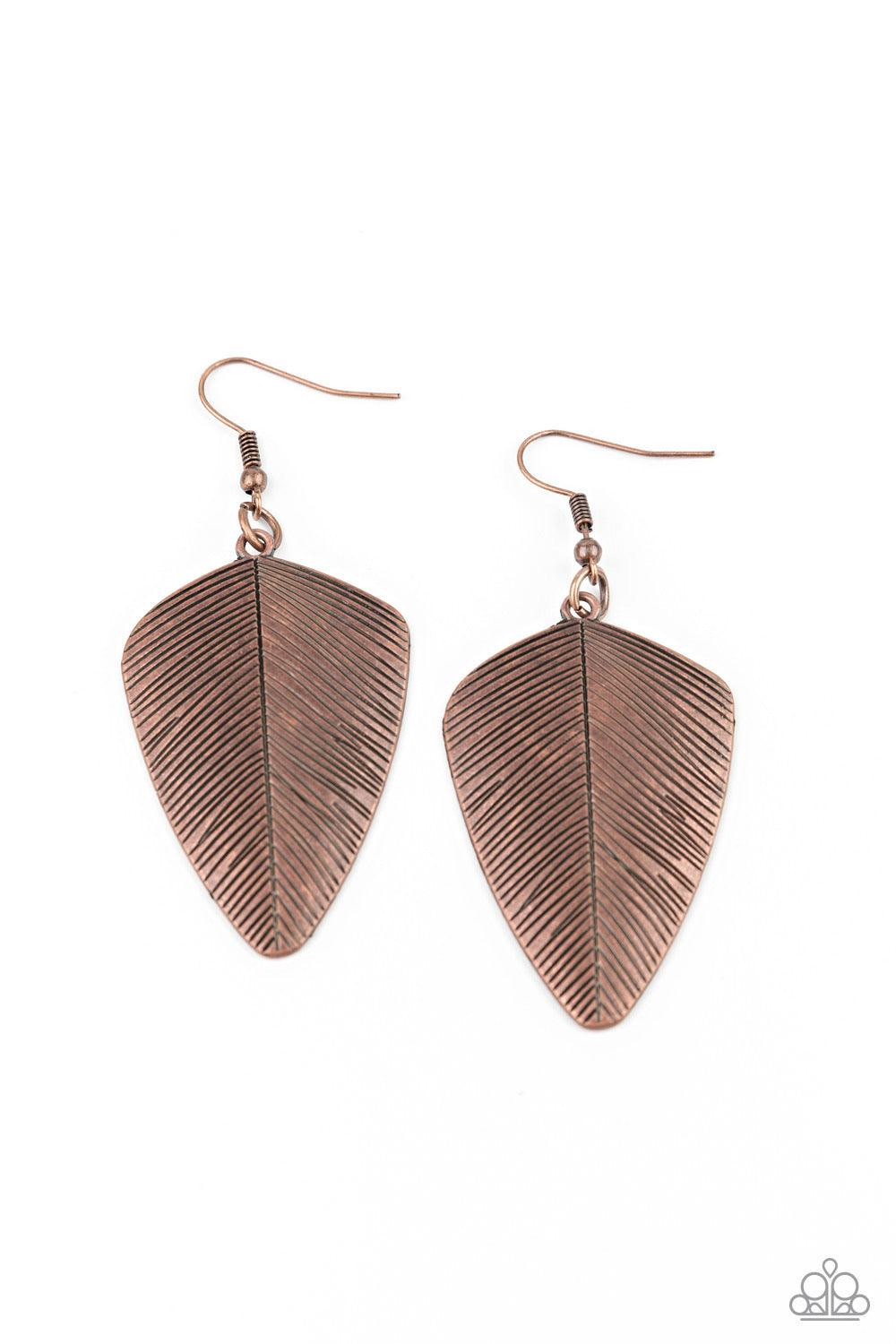 Paparazzi Accessories One of the Flock - Copper Stamped in antiqued details, a dainty copper feather delicately swings from the ear for a rustic look. Earring attaches to a standard fishhook fitting. Sold as one pair of earrings. Jewelry