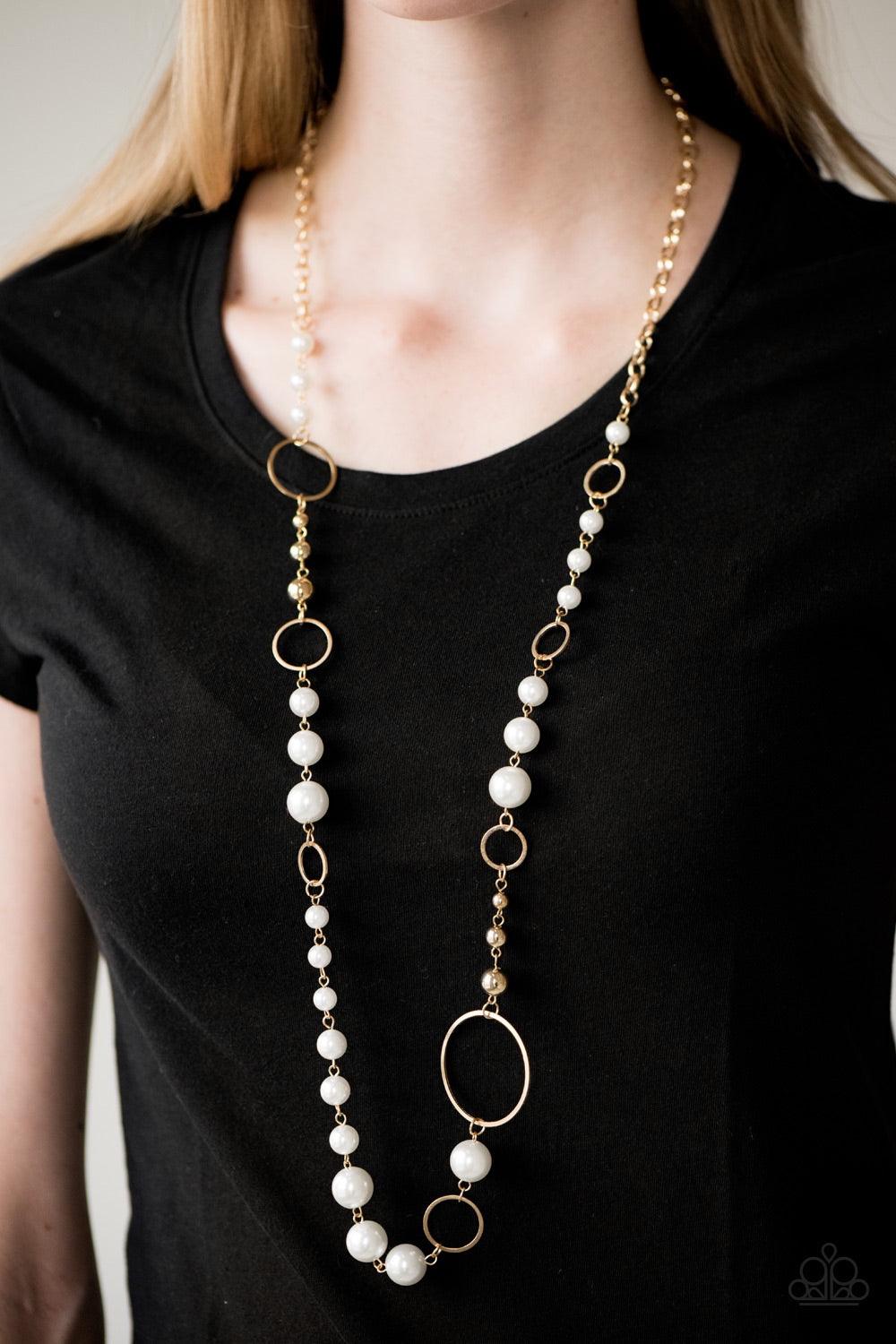 Paparazzi Accessories Lady Etiquette - Gold Luminescent pearls and classic gold beads join shimmery gold hoops along a gold chain for a timeless look. Features an adjustable clasp closure. Jewelry