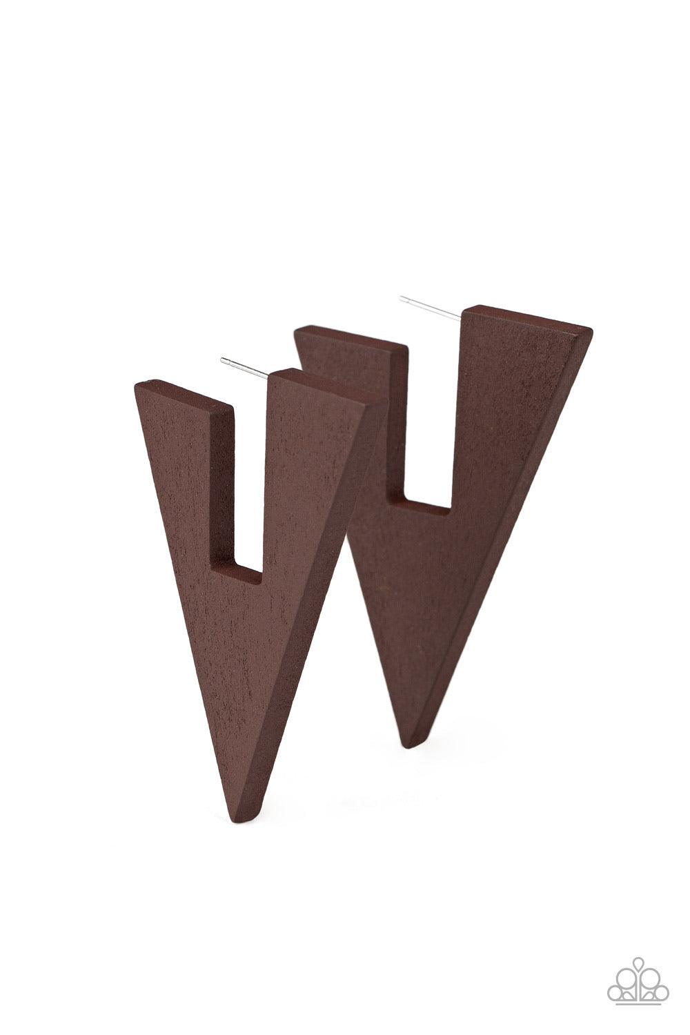 Paparazzi Accessories Boardroom Bravado - Brown Painted in an earthy brown finish, a wooden frame is cut into an edgy triangular shape for a retro vibe. Earring attaches to a standard post fitting. Hoop measures approximately 1 1/2" in diameter. Sold as o