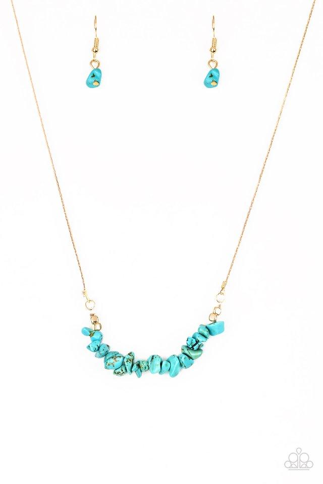 Paparazzi Accessories Back To Nature - Blue Attached to a dainty gold chain, bits of refreshing turquoise rock are threaded along an invisible wire below the collar for a seasonal look. Features an adjustable clasp closure. Sold as one individual necklace