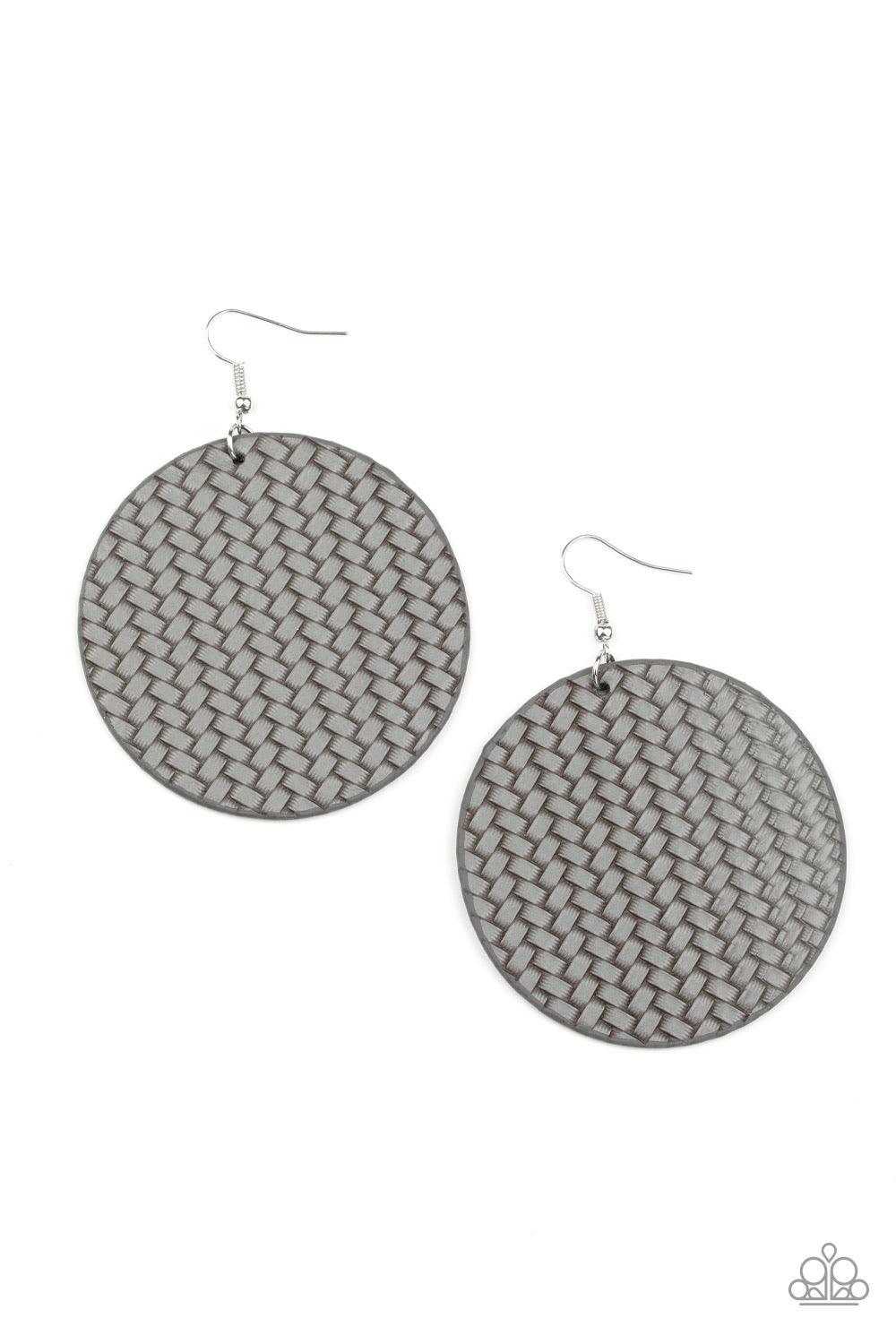 Paparazzi Accessories Weave Your Mark ~Silver Shiny gray cording weaves into a plaited frame for a colorfully rustic look. Earring attaches to a standard fishhook fitting. Sold as one pair of earrings.