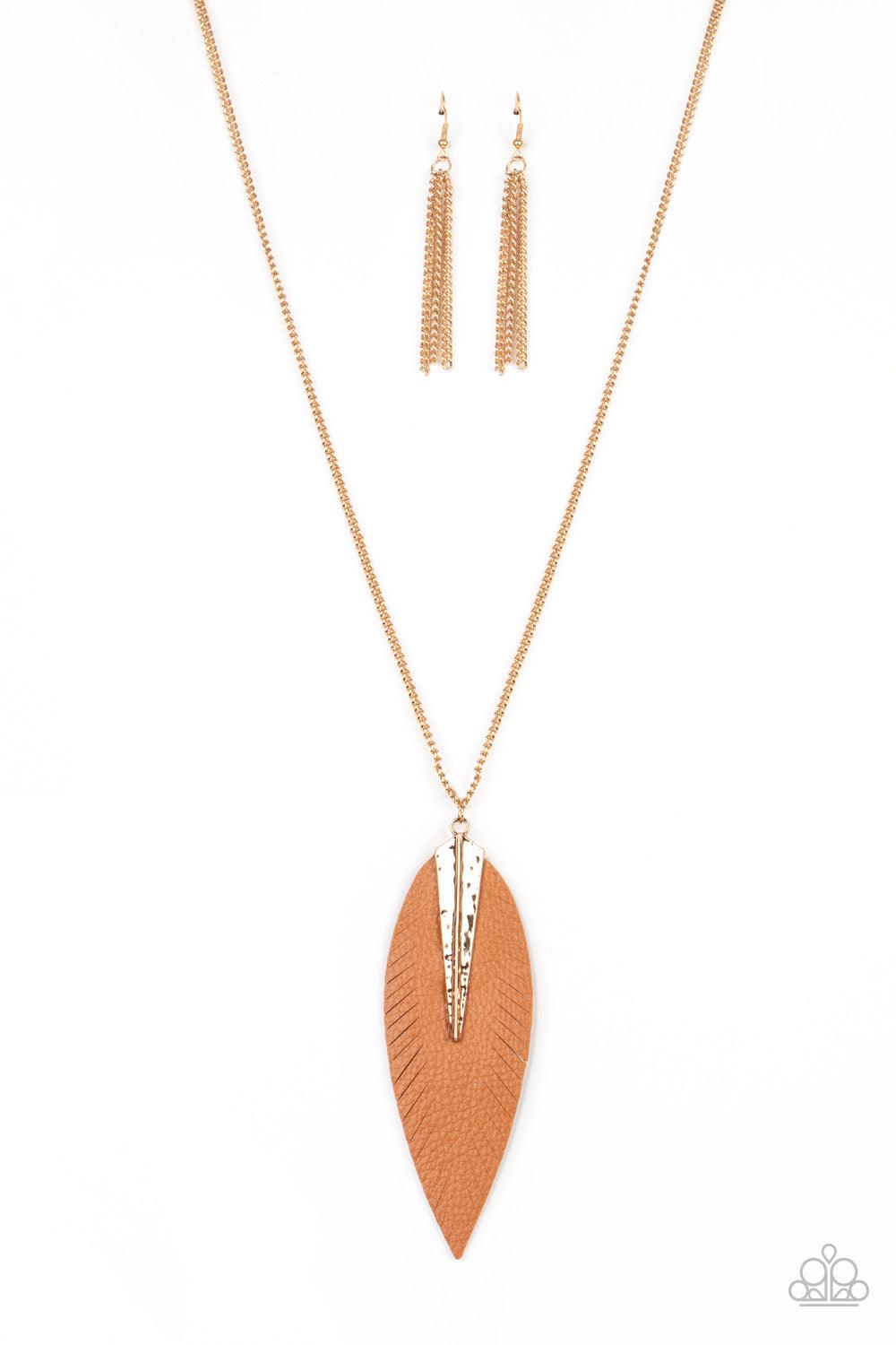 Paparazzi Accessories Quill Quest - Gold Pinched between a hammered gold fitting, a leaf shaped brown leather frame is spliced into feathery detail at the bottom of a lengthened gold chain for a free-spirited look. Features an adjustable clasp closure. So