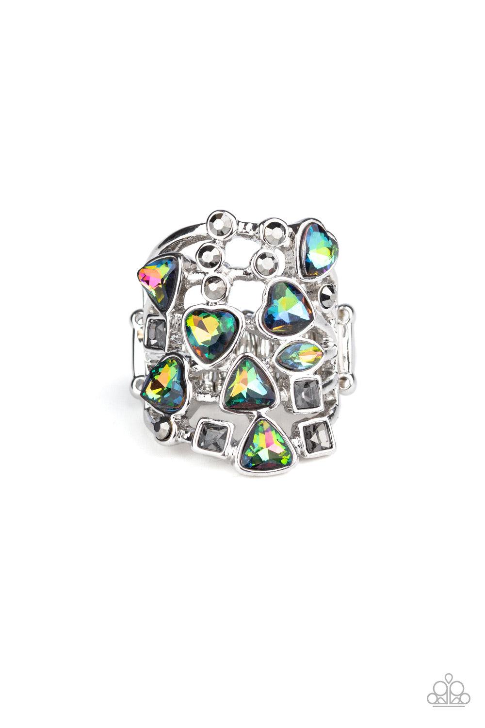 Paparazzi Accessories Glitter Flirt - Multi Featuring oil spill finishes, an iridescent collection of oval, triangular, and heart shaped rhinestones scatter across rows of dainty layered silver bars. Dainty hematite rhinestones and smoky square rhinestone